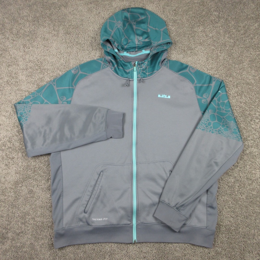 Nike Sweater Mens 2XL Gray Turquoise Lebron James Full Zip Hoodie Sweatshirt